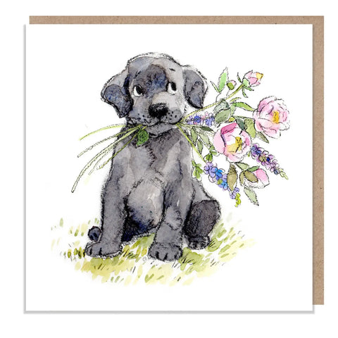 Cute Dog Card - Blank - Labrador With Flowers