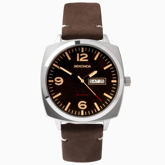 Sekonda Airborne Men's Watch | Silver Case & Brown Leather Strap with Black Dial