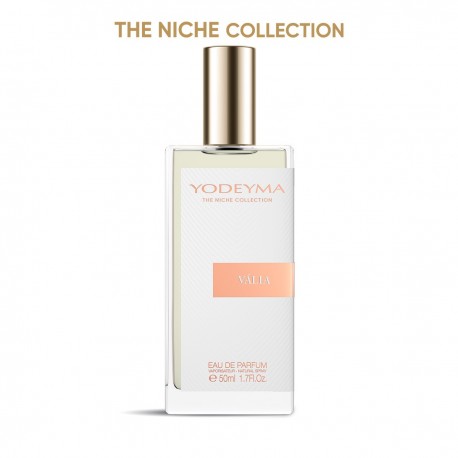 A bottle of Yodeyma Eau de Parfum 50ml - Valia, a luminous, musky-floral fragrance blending juicy peach and citrus with delicate white florals, resting on a soft base of musk and woods. Elegant, airy, and sensual, it evokes the freshness of clean cotton on skin. Smells like: Valaya by Parfums de Marly.