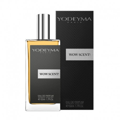 A bottle of Yodeyma Eau de Parfum 50ml with the label WOW SCENT alongside its black packaging box with the brand name visible. a cozy, spicy-gourmand scent that blends lively pink pepper and cardamom with aromatic sage, wrapped in a velvety embrace of sweet vanilla and roasted chestnut—a modern, comforting fragrance built on confidence and connection. Smells like: Stronger With You by Armani.