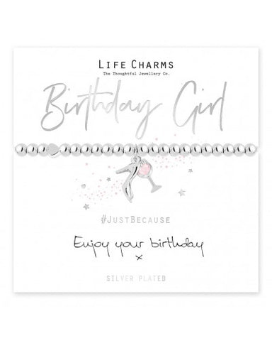 Silver plated bracelet with wine glass and heel charms on a card that reads 'Life Charms Birthday Girl' with a message to enjoy your birthday.