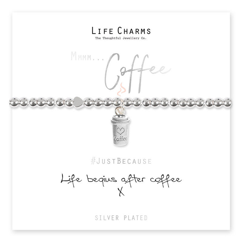 Life Charms silver beaded bracelet with a coffee cup charm, presented on a card with the phrase 'Life begins after coffee'.