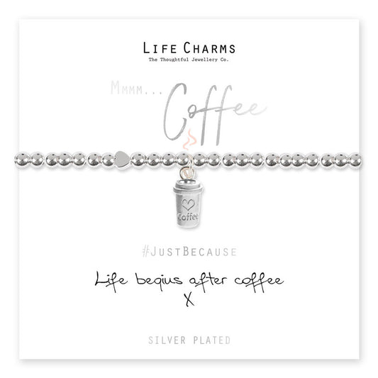 Life Charms silver beaded bracelet with a coffee cup charm, presented on a card with the phrase 'Life begins after coffee'.
