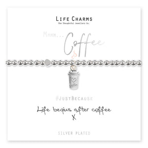 Life Charms silver beaded bracelet with a coffee cup charm, presented on a card with the phrase 'Life begins after coffee'.