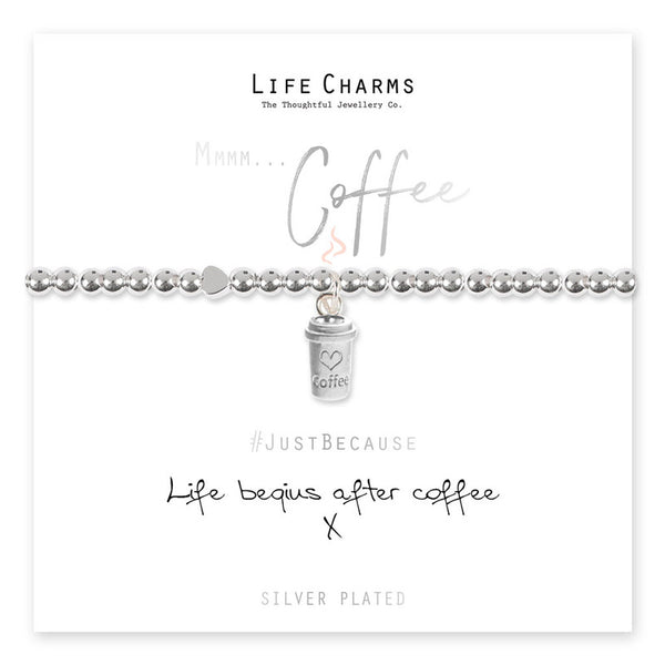 Life Charms silver beaded bracelet with a coffee cup charm, presented on a card with the phrase 'Life begins after coffee'.