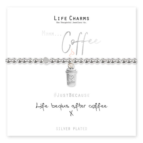 Life Charms silver beaded bracelet with a coffee cup charm, presented on a card with the phrase 'Life begins after coffee'.