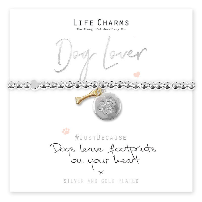 A silver-plated charm bracelet with a dog and paw print design, presented on a card that reads 'Dog Lover' and includes a quote about dogs leaving footprints on your heart.