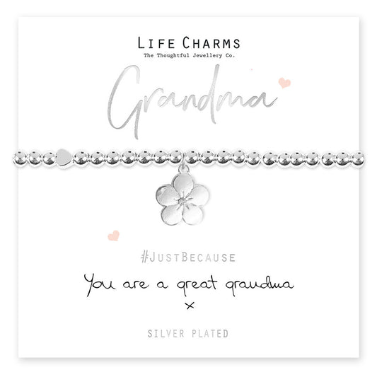 A silver-plated charm bracelet with a floral design, presented on a card that reads '#JustBecause You Are A Great Grandma', packaged in a luxury gift box.