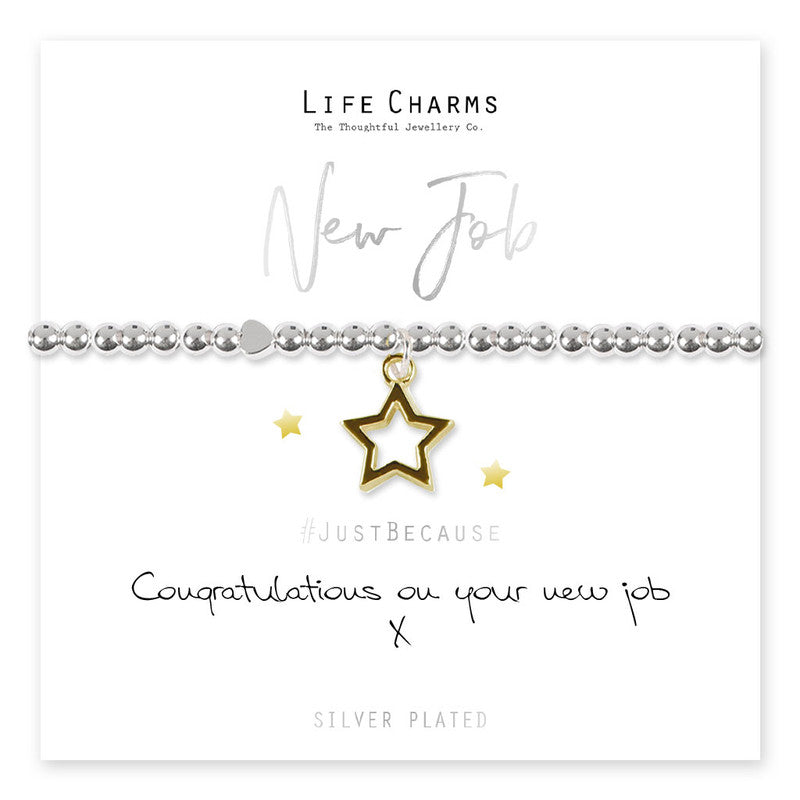 Silver plated beaded bracelet with a gold star charm, presented on a Life Charms card with the message 'Congratulations on your new job'.