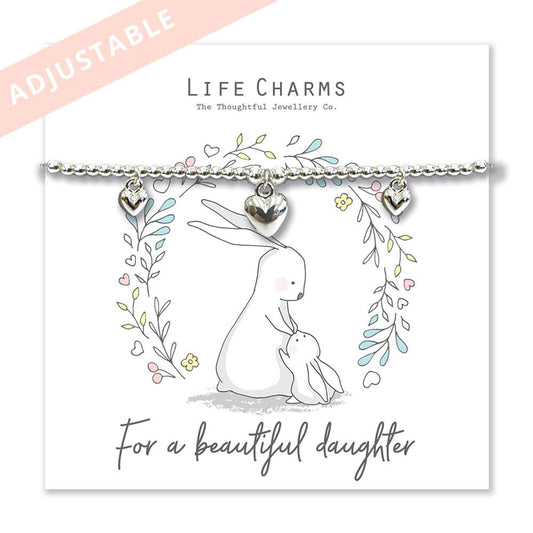 Life Charms adjustable Rosie rabbits 'for a beautiful daughter' bracelet with 3 puffed heart charms and a pastel floral background.