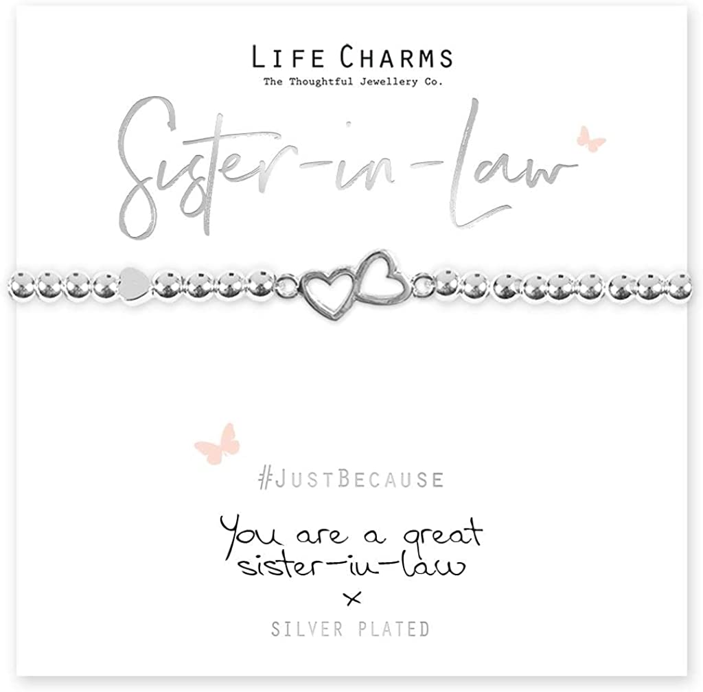 A silver-plated double heart charm bracelet on a beaded stretch band, presented in a luxury gift box with a card that reads 'Sister-in-law, You are a great sister-in-law.'.