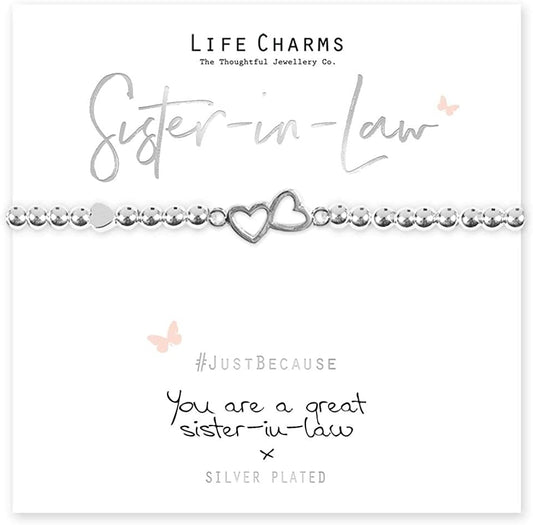 A silver-plated double heart charm bracelet on a beaded stretch band, presented in a luxury gift box with a card that reads 'Sister-in-law, You are a great sister-in-law.'.