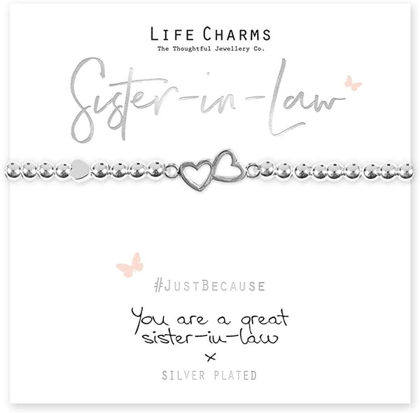 A silver-plated double heart charm bracelet on a beaded stretch band, presented in a luxury gift box with a card that reads 'Sister-in-law, You are a great sister-in-law.'.